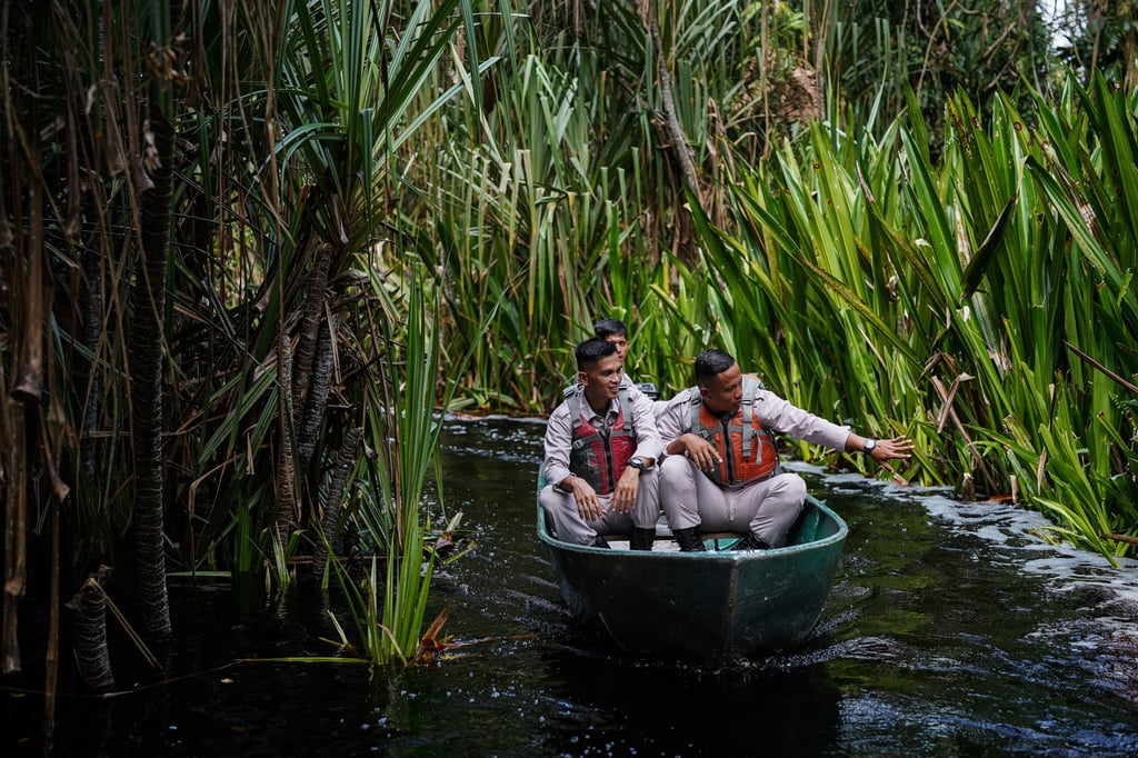 Rangers from Restorasi Ekosistem Riau ecosystem restoration programme patrol the Serkap river in Sumatra, Indonesia, to safeguard the area from illegal activities.