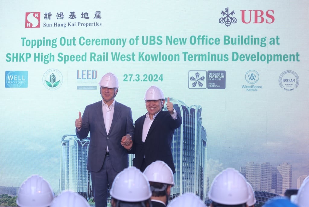 Sergio Ermotti (left), group CEO of UBS, and Raymond Kwok, SHKP chairman and managing director, attended the topping out ceremony of the Swiss bank’s new office building in West Kowloon. Photo: Yik Yeung-man Sergio Ermotti (left), group CEO of UBS, and Raymond Kwok, SHKP chairman and managing director, attended the topping out ceremony of the Swiss bank’s new office building in West Kowloon. Photo: Yik Yeung-man