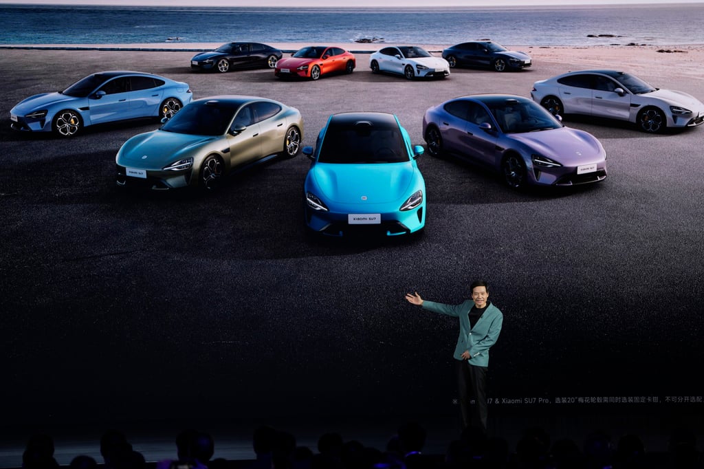 Xiaomi founder Lei Jun shows off the multiple colours of the SU7 during a launch event in Beijing, March 28, 2024. Photo: AP Xiaomi founder Lei Jun shows off the multiple colours of the SU7 during a launch event in Beijing, March 28, 2024. Photo: AP