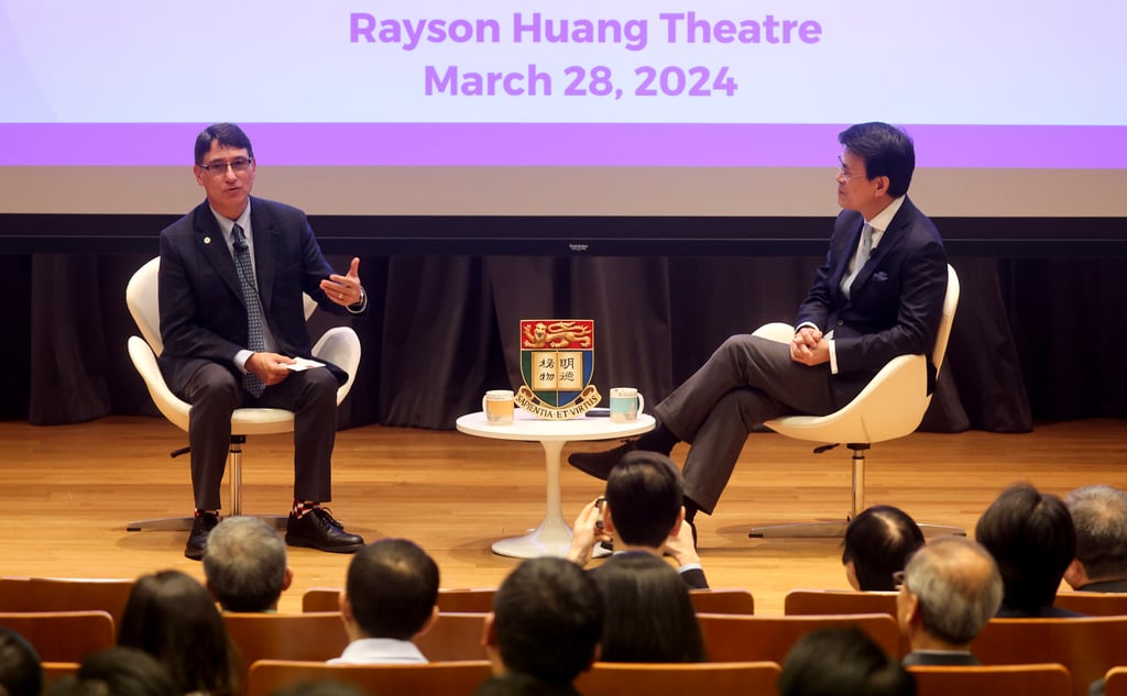 Frank Jannuzi (left) speaks at a “fireside chat” with ex-commerce secretary Edward Yau Tang-wah at the University of Hong Kong. Photo: Edmond So Frank Jannuzi (left) speaks at a “fireside chat” with ex-commerce secretary Edward Yau Tang-wah at the University of Hong Kong. Photo: Edmond So