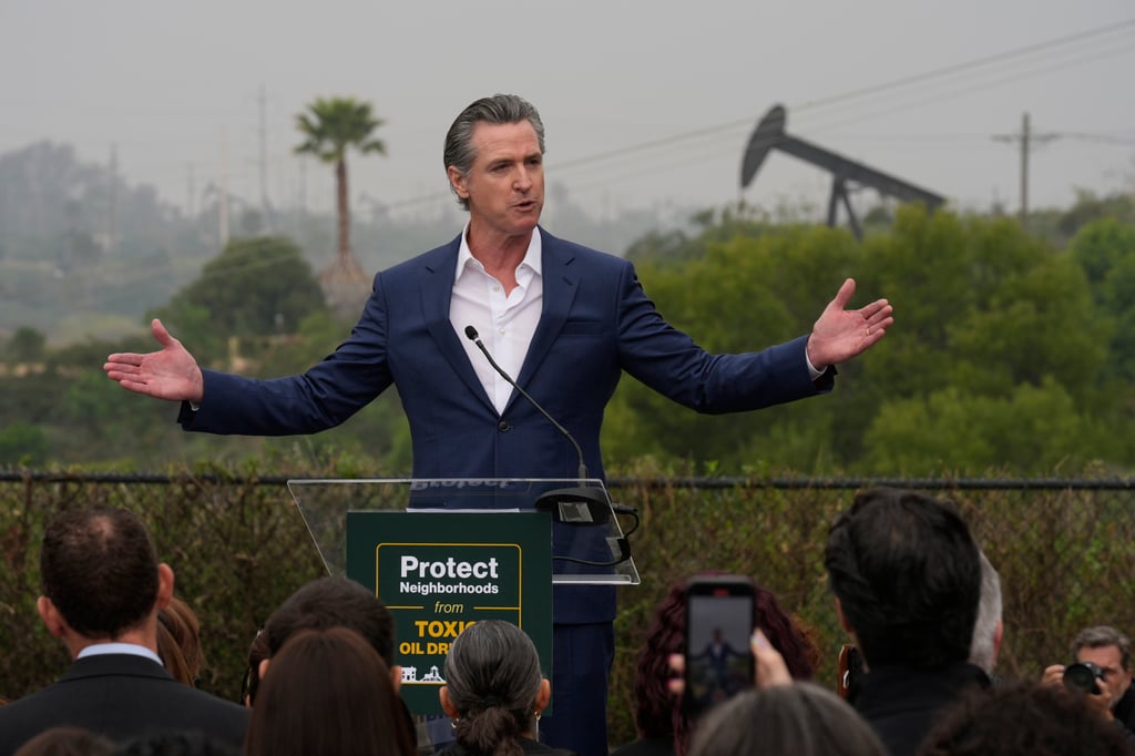 California Governor Gavin Newsom in Inglewood, California on Friday. Photo: AP