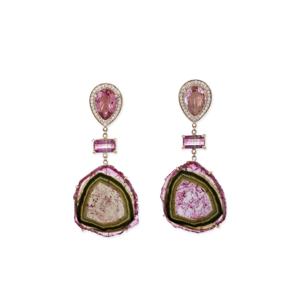 Jacquie Aiche pink tourmaline teardrop, pink tourmaline baguette, watermelon tourmaline slice drop stud earrings