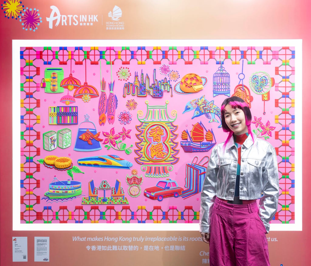 Guangdong-based artist Chen Fenwan, named “top post-90s paper-cut artist”, was invited by the Hong Kong Tourism Board to showcase her work at Art Central. Inspired by Hong Kong’s colours and flavours, she created pieces depicting neon signs, egg tarts, the Star Ferry and more. Guangdong-based artist Chen Fenwan, named “top post-90s paper-cut artist”, was invited by the Hong Kong Tourism Board to showcase her work at Art Central. Inspired by Hong Kong’s colours and flavours, she created pieces depicting neon signs, egg tarts, the Star Ferry and more.