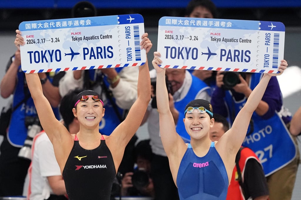 Ikee (left) and Mizuki Hirai, 17, celebrate after earning their spots for Paris. Photo: Kyodo Ikee (left) and Mizuki Hirai, 17, celebrate after earning their spots for Paris. Photo: Kyodo