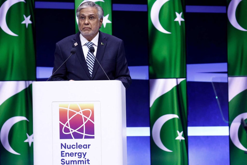 Pakistan’s Minister of Foreign Affairs Ishaq Dar delivers a speech during the Nuclear Energy Summit in Brussels on March 21. Photo: AFP