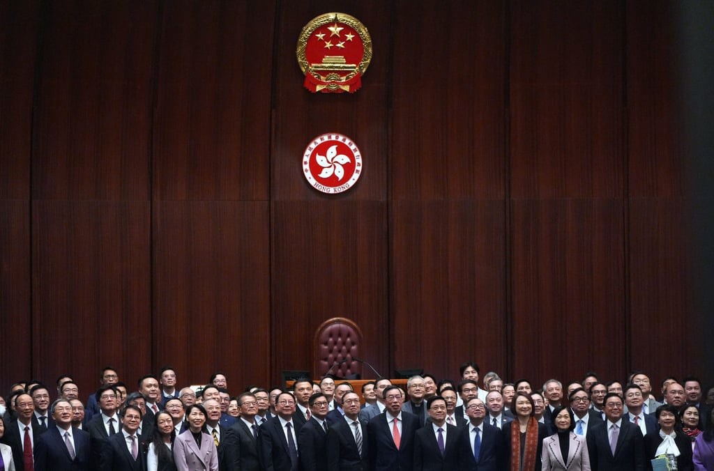 Chief Executive John Lee and Legislative Council members after the Article 23 domestic national security law is added to the statute books. Photo: Eugene Lee Chief Executive John Lee and Legislative Council members after the Article 23 domestic national security law is added to the statute books. Photo: Eugene Lee