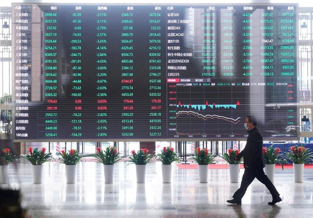 A man walks in the Shanghai Stock Exchange building at the Pudong financial district in Shanghai in February 2020. Photo: Reuters A man walks in the Shanghai Stock Exchange building at the Pudong financial district in Shanghai in February 2020. Photo: Reuters
