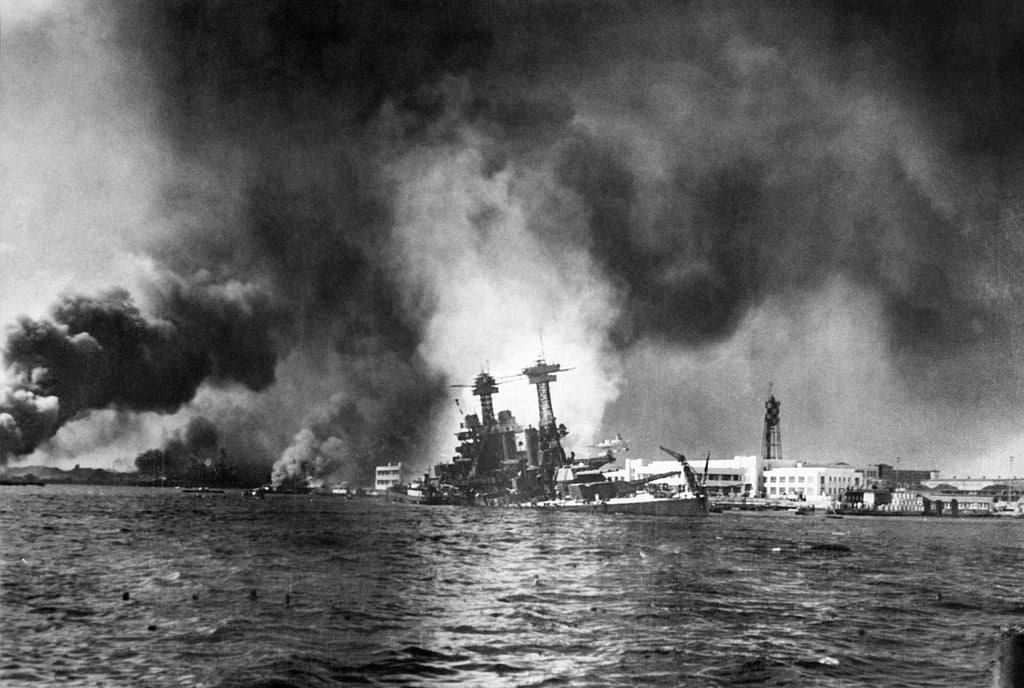 The US Pacific Fleet in flames following the surprise attack by Japanese warplanes on Pearl Harbour, Hawaii on December 7, 1941. Photo: AFP