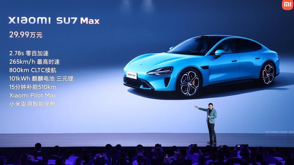 Xiaomi founder, chairman and chief executive Lei Jun introduces the company’s first electric vehicle, the SU7, at its commercial launch in Beijing on March 28, 2024. Photo: Xinhua