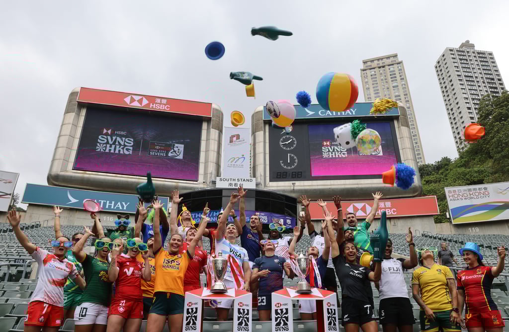 The captains of the sides taking part in the Hong Kong Sevens have some fun in the South Stand. Photo: Dickson Lee