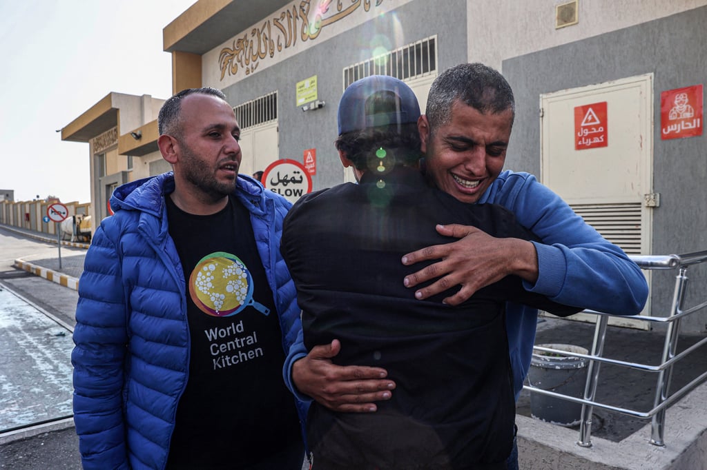 Relatives and friends mourn the death of Saif Abu Taha, a staff member of the US-based aid group World Central Kitchen, who was killed as Israeli strikes hit a convoy delivering food aid in Gaza. Photo: AFP/Getty Images/TNS