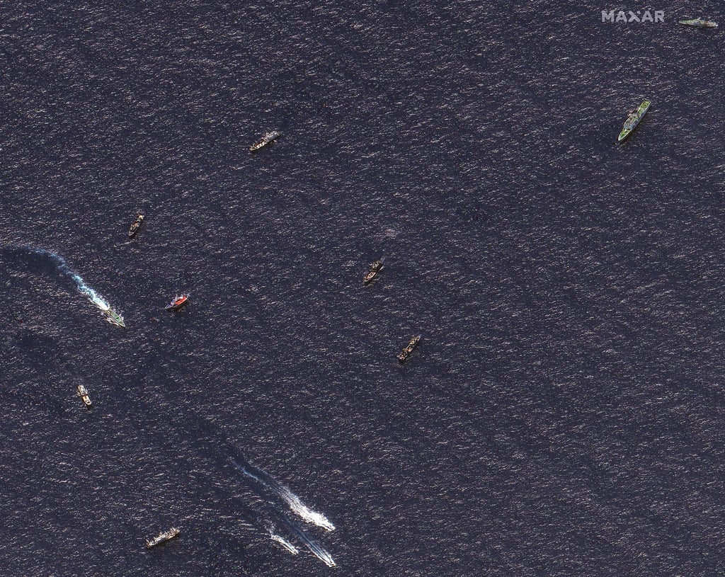 A satellite image taken on March 23 shows Chinese and Philippine ships in the South China Sea. Ongoing maritime tensions have likely contributed to rising acceptance of the Quad in Southeast Asia. Photo: Maxar Technologies satellite image / Handout via AFP