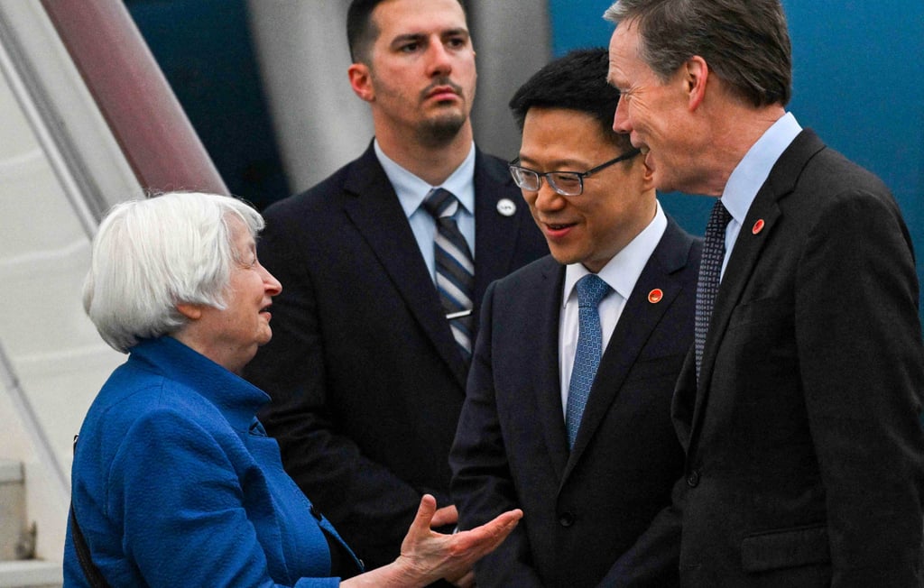 Chinese vice-minister of finance Liao Min and US ambassador to China Nicholas Burns (right) receive US Treasury Secretary Janet Yellen upon her arrival in Guangzhou on Thursday. Photo: AFP