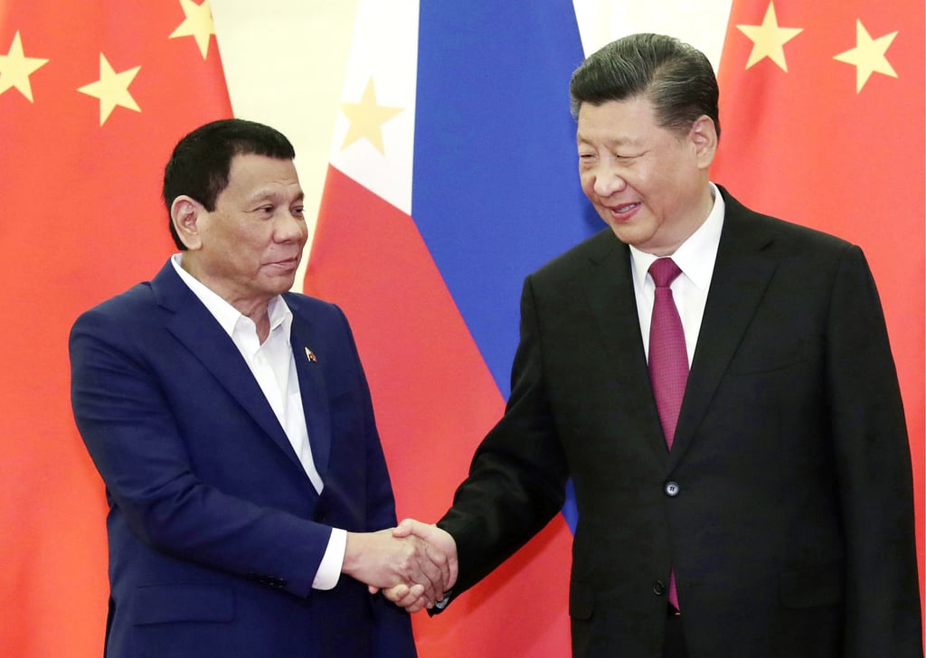 Philippine President Rodrigo Duterte (left) shakes hands with Chinese President Xi Jinping before their talks at the Great Hall of the People in Beijing on April 25, 2019. Photo: Kyodo Philippine President Rodrigo Duterte (left) shakes hands with Chinese President Xi Jinping before their talks at the Great Hall of the People in Beijing on April 25, 2019. Photo: Kyodo