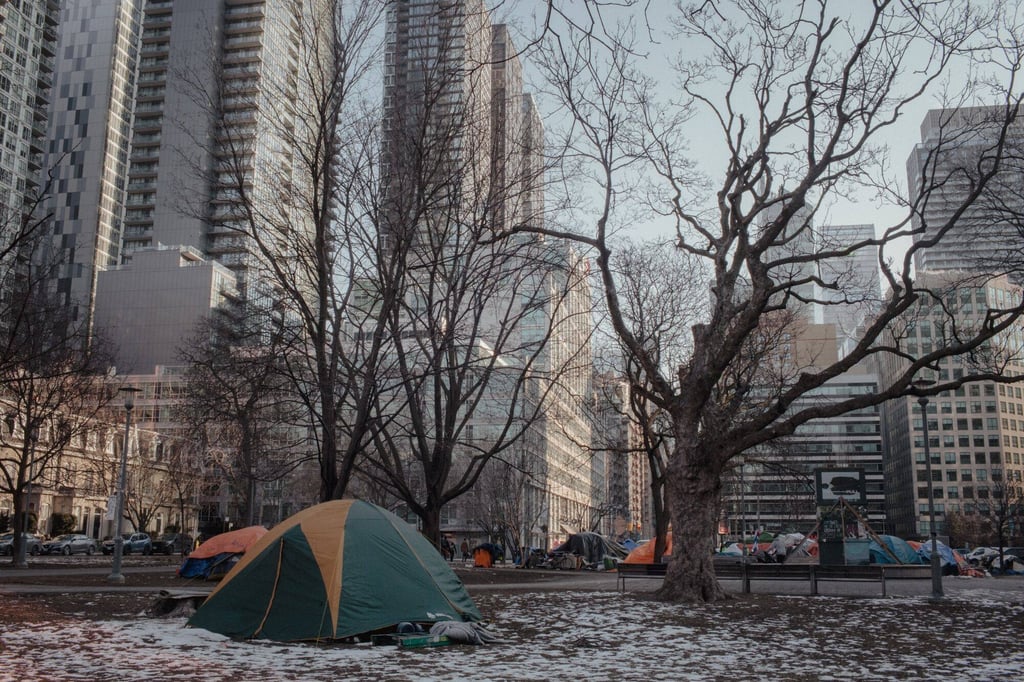 The unhoused find shelter in makeshift tent encampments at Clarence Square park in Toronto, Ontario, Canada, in February. Photo: Bloomberg