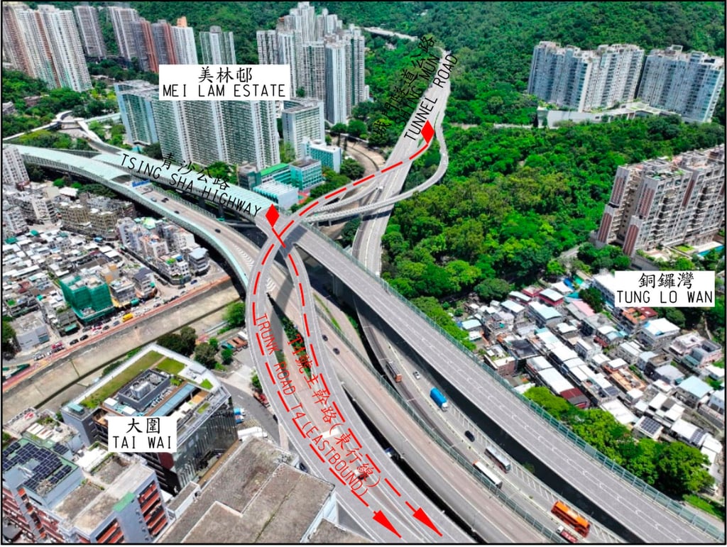An illustration of the connection points for the Shing Sun Tunnel Road and Tsing Sha Highway to the Trunk Road T4. Photo: Handout An illustration of the connection points for the Shing Sun Tunnel Road and Tsing Sha Highway to the Trunk Road T4. Photo: Handout