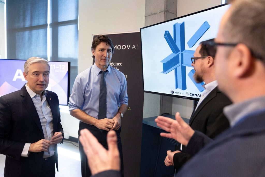 Canada’s Minister of Innovation, Science and Industry, Francois-Philippe Champagne and Prime Minister Justin Trudeau during a visit to the Scale AI offices in Montreal, Quebec on Sunday. Photo: Reuters