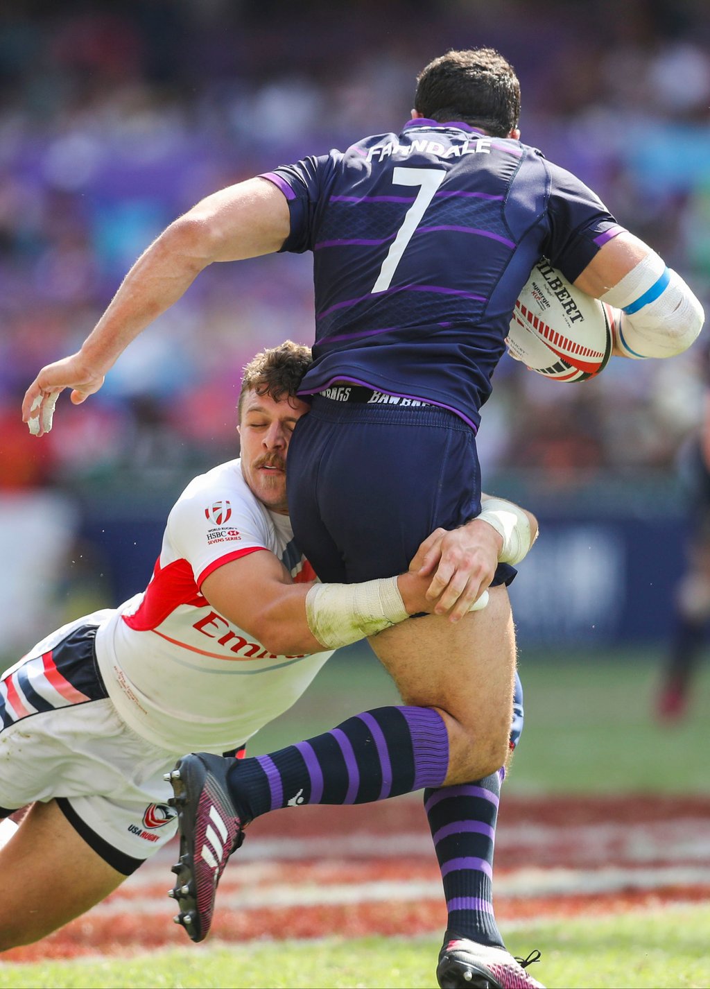 Jamie Farndale (in blue), playing in Hong Kong in 2018, is sustainability ambassador for Scottish Rugby. Photo: Winson Wong