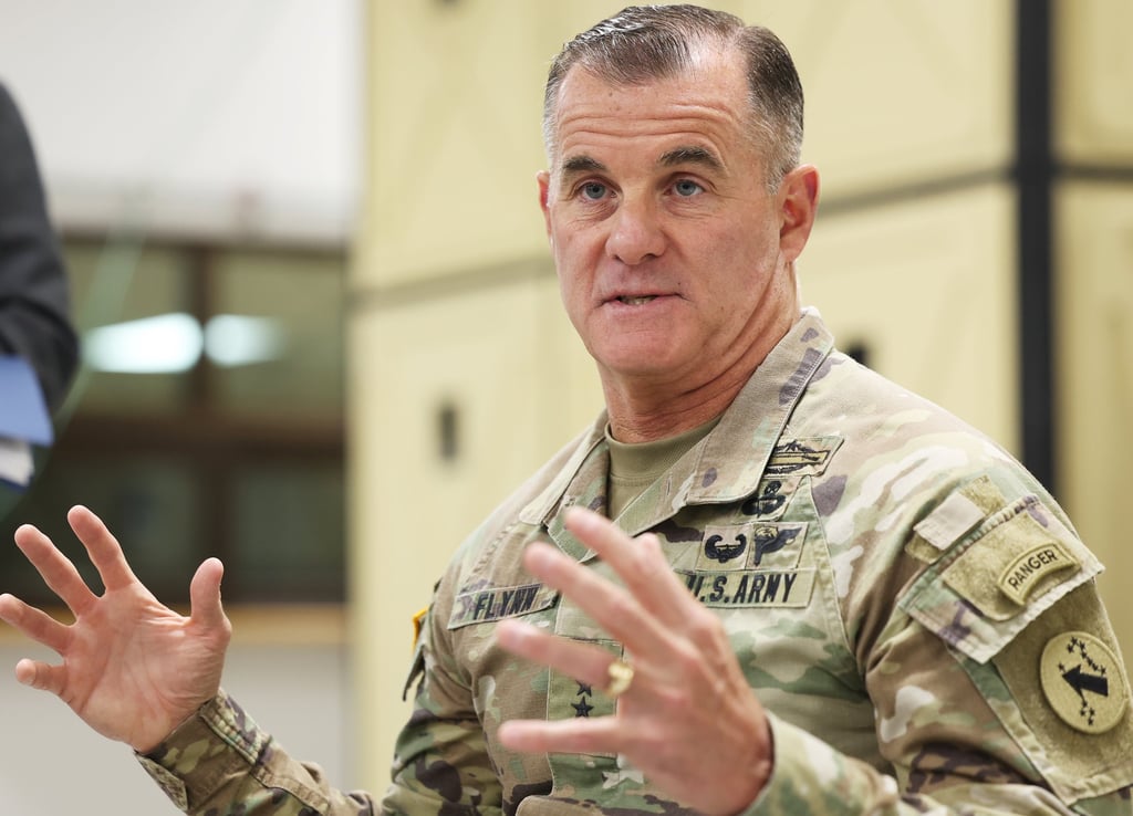 General Charles Flynn, the commanding general of the US Army Pacific, speaks at Vandal Training Center in Camp Humphreys in South Korea. Photo: EPA-EFE General Charles Flynn, the commanding general of the US Army Pacific, speaks at Vandal Training Center in Camp Humphreys in South Korea. Photo: EPA-EFE