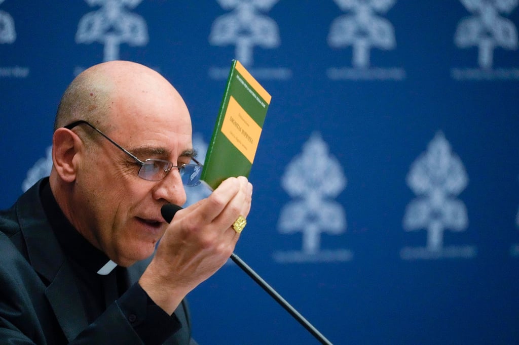 The prefect of the Vatican’s Dicastery for the Doctrine of the Faith, Cardinal Victor Manuel Fernandez, presents the declaration ‘Dignitas Infinita’ (Infinite Dignity). Photo: AP
