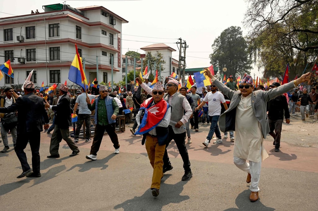 Supporters of Rastriya Prajatantra Party shout slogans during a protest in Kathmandu on Tuesday. Photo: AFP