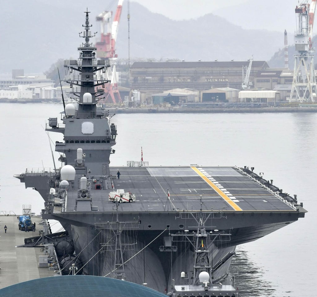 Japan’s upgraded Kaga aircraft carrier is seen at Kure naval base in Hiroshima prefecture on Monday. Photo: Kyodo