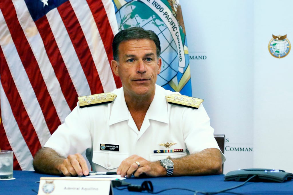 Admiral John Aquilino, US Indo-Pacific Command commander, speaks at Camp HM Smith in Hawaii. Photo: AP Admiral John Aquilino, US Indo-Pacific Command commander, speaks at Camp HM Smith in Hawaii. Photo: AP