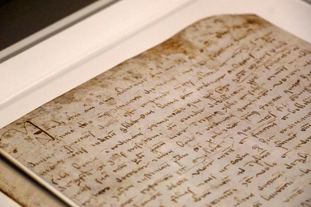 Text from Marco Polo’s will, dated January 9, 1324, on display in the Doge’s Apartments of the Palazzo Ducale, part of the The Worlds of Marco Polo exhibition. Photo: EPA-EFE