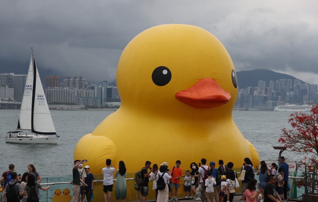 Seen here in June 2023 in Tamar, Admiralty, Rubber Duck is a series of giant floating sculptures of yellow rubber ducks, designed by Dutch artist Florentijn Hofman. Photo: May Tse Seen here in June 2023 in Tamar, Admiralty, Rubber Duck is a series of giant floating sculptures of yellow rubber ducks, designed by Dutch artist Florentijn Hofman. Photo: May Tse