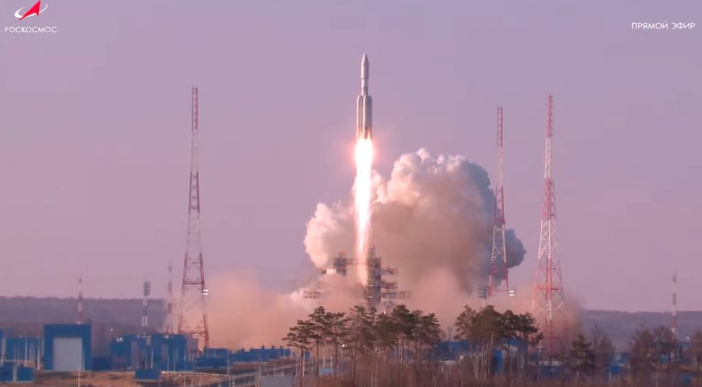 Angara-A5 rocket blasts off from its launchpad at the Vostochny Cosmodrome. Photo: Roscosmos/Handout via Reuters