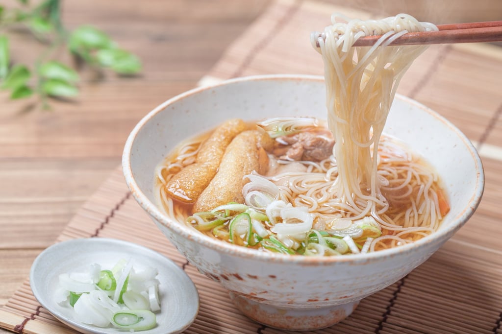 Nyumen, a soup of soumen noodles and various ingredients in a soy sauce broth. Photo: Getty Images Nyumen, a soup of soumen noodles and various ingredients in a soy sauce broth. Photo: Getty Images