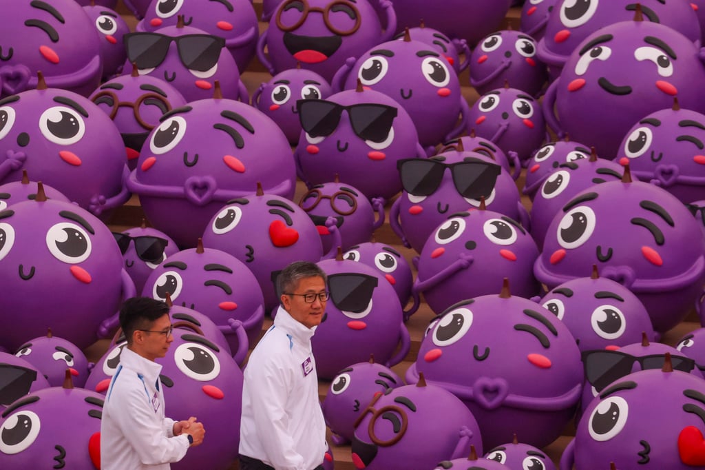 An anti-fraud mascot of the Hong Kong Police Force, Little Grape went on show at the West Kowloon waterfront in February 2024. Photo: Yik Yeung-man An anti-fraud mascot of the Hong Kong Police Force, Little Grape went on show at the West Kowloon waterfront in February 2024. Photo: Yik Yeung-man