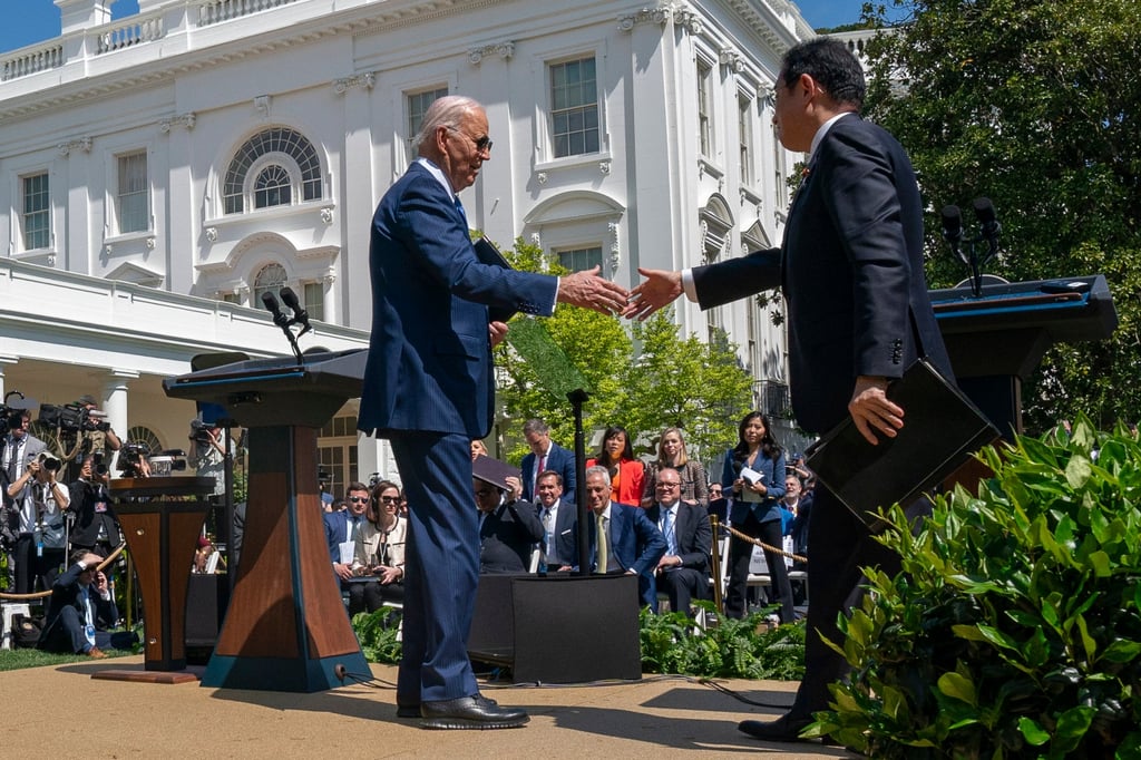 President Joe Biden (left) welcomes Japanese Prime Minister Fumio Kishida in the Rose Garden of the White House on Wednesday. Photo: AP