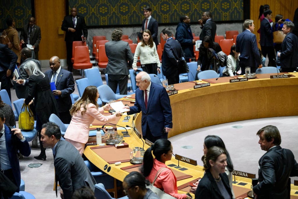 Palestinian UN envoy Riyad Mansour (centre) is seen ahead of a Security Council meeting to consider Palestine’s bid to become a full United Nations member on Monday. Photo: Handout via Xinhua