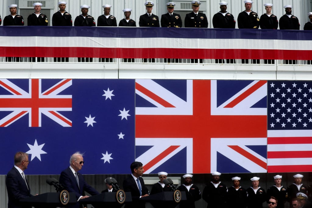 US President Joe Biden, Australian Prime Minister Anthony Albanese and British Prime Minister Rishi Sunak at an event about Aukus in San Diego, California, last year. Photo: Reuters