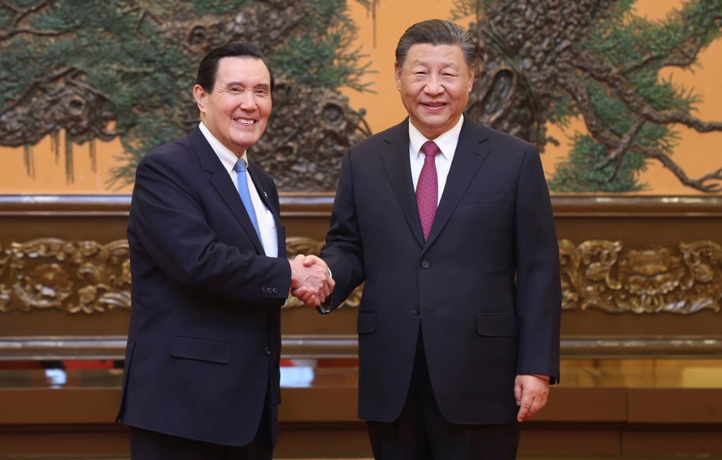 President Xi Jinping (right) shakes hands with former Taiwan leader Ma Ying-jeou at the Great Hall of the People in Beijing on Wednesday. Photo: EPA-EFE/Xinhua President Xi Jinping (right) shakes hands with former Taiwan leader Ma Ying-jeou at the Great Hall of the People in Beijing on Wednesday. Photo: EPA-EFE/Xinhua