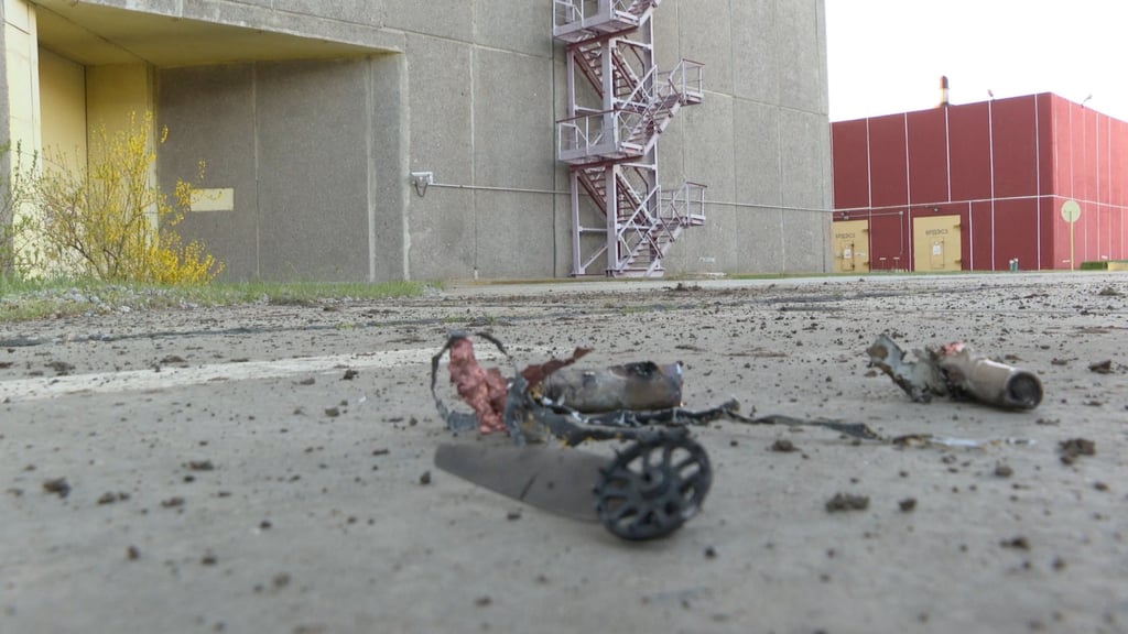 The remains of what officials called a Ukrainian drone that was shot down over the station. Photo: Press service of the Zaporizhzhia Nuclear Power Plant