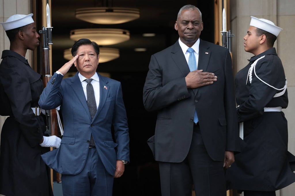 US Secretary of Defence Lloyd Austin (right) welcomes Philippine President Ferdinand Marcos to the Pentagon on April 12 in Arlington, Virginia. Photo: Getty Images via AFP US Secretary of Defence Lloyd Austin (right) welcomes Philippine President Ferdinand Marcos to the Pentagon on April 12 in Arlington, Virginia. Photo: Getty Images via AFP