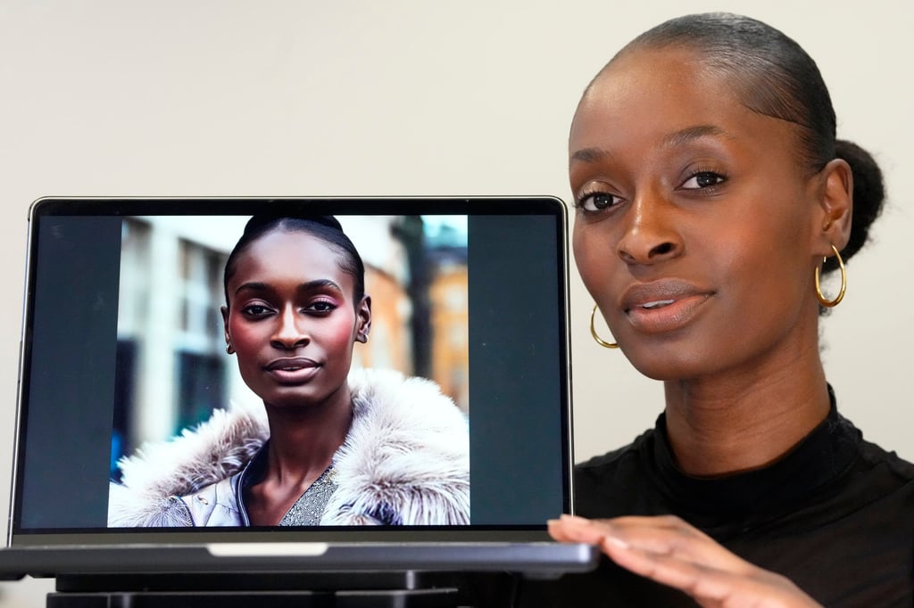 Fashion model Alexsandrah poses with a computer showing an AI-generated image of her. Photo: AP