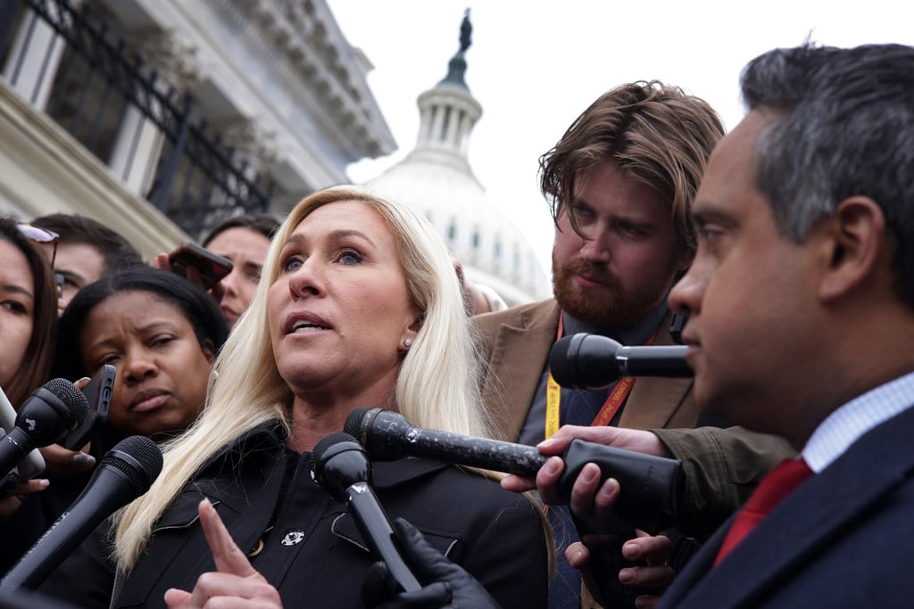 US congresswoman Marjorie Taylor Greene speaks to reporters outside the US Capitol Building in March. Photo: TNS US congresswoman Marjorie Taylor Greene speaks to reporters outside the US Capitol Building in March. Photo: TNS