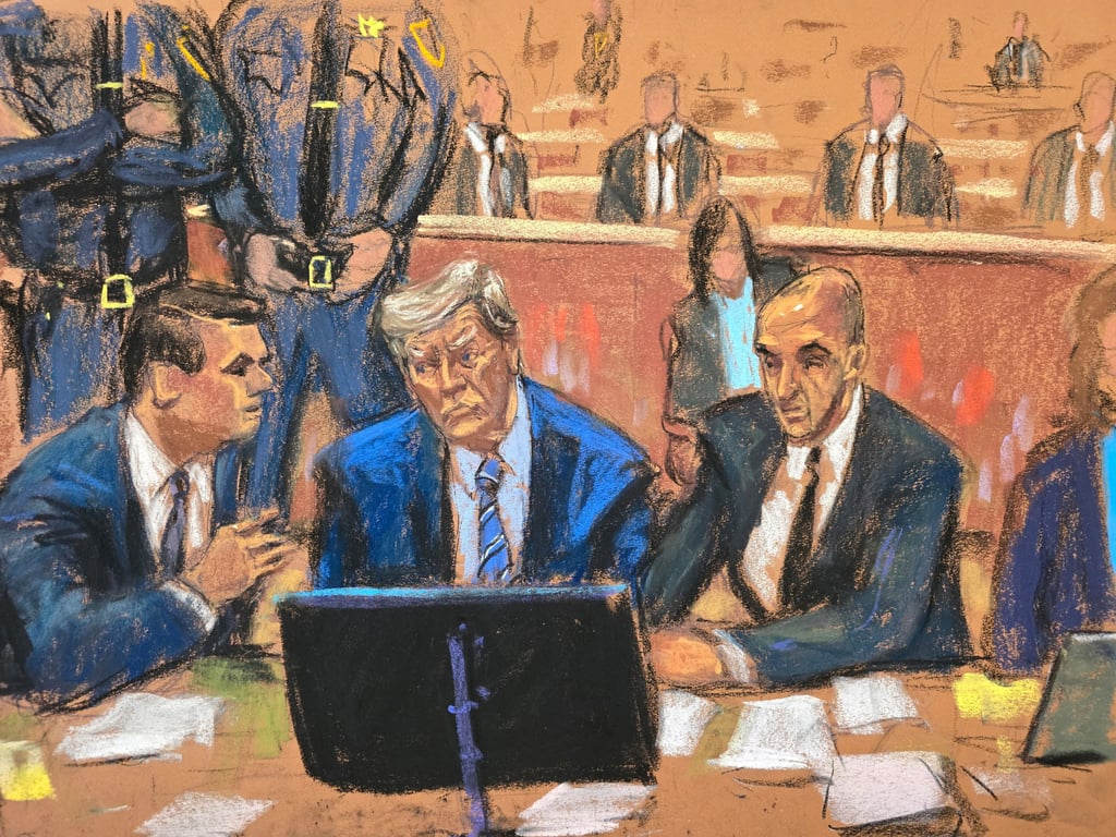 Former US President Donald Trump is surrounded by his lawyers, court security and Secret Service members during jury selection in New York on Tuesday. Courtroom sketch: Jane Rosenberg via Reuters Former US President Donald Trump is surrounded by his lawyers, court security and Secret Service members during jury selection in New York on Tuesday. Courtroom sketch: Jane Rosenberg via Reuters