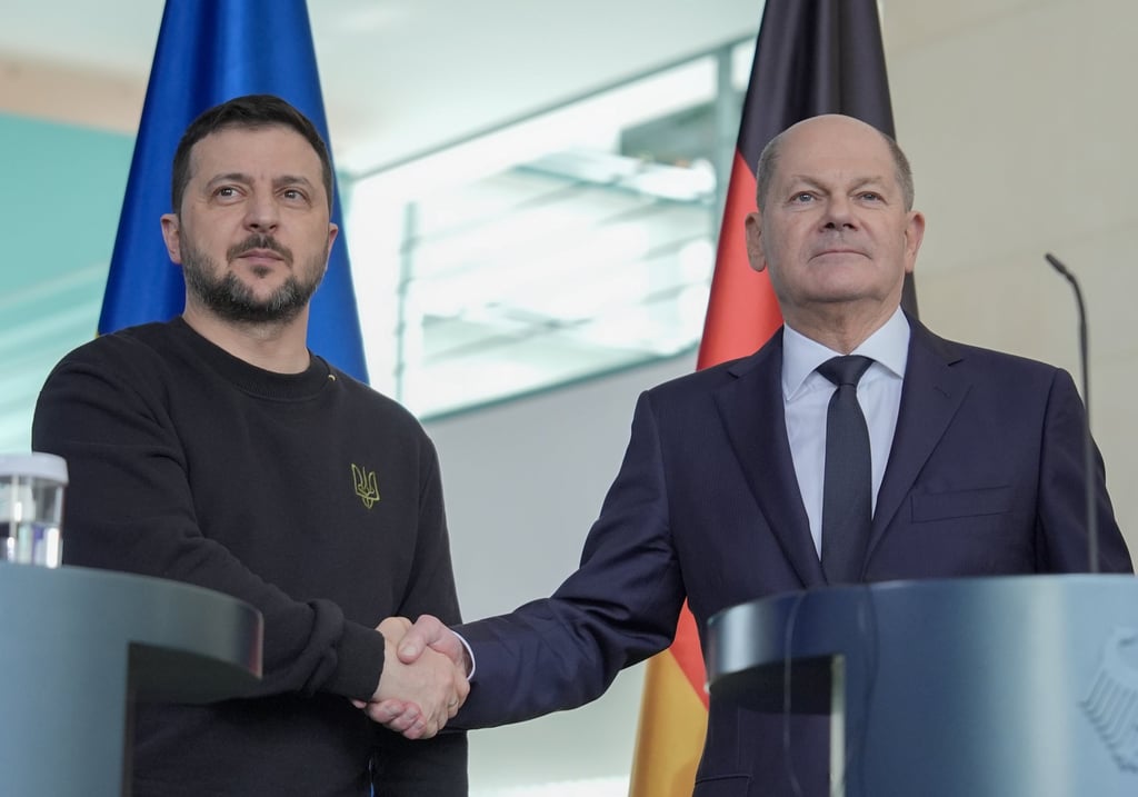 German Chancellor Olaf Scholz (right) takes part in a press conference alongside Ukraine President Volodymyr Zelensky in Berlin in February. Photo: dpa German Chancellor Olaf Scholz (right) takes part in a press conference alongside Ukraine President Volodymyr Zelensky in Berlin in February. Photo: dpa