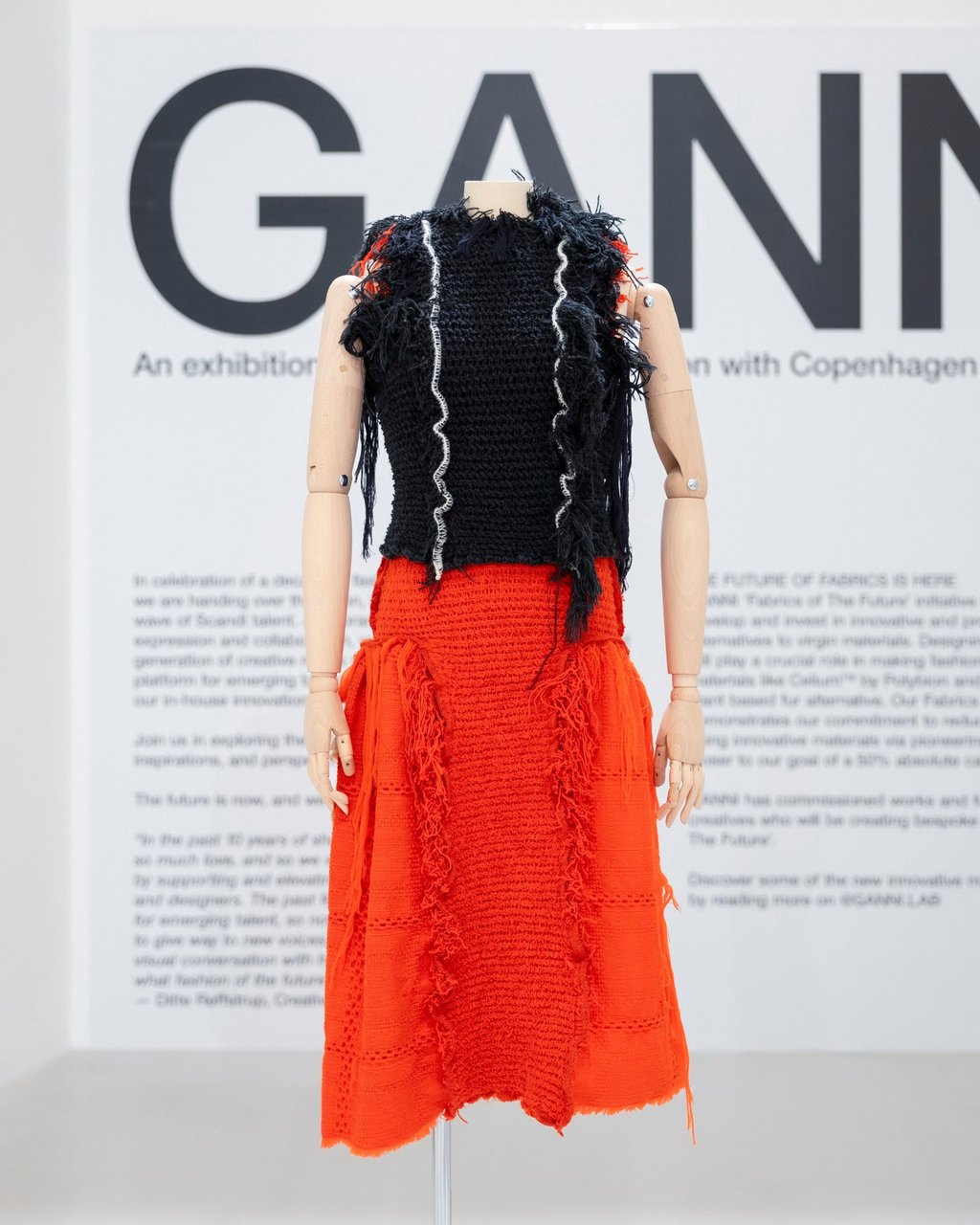An outfit at the Ganni Future, Talent, Fabrics exhibition during Copenhagen Fashion Week in January 2024