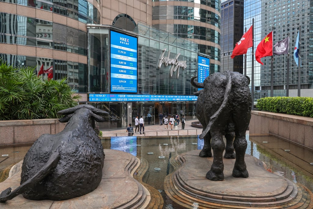 An electronic hoarding displaying the Hang Seng Index and stock prices outside the Exchange Square in Central. Photo: Yik Yeung-man