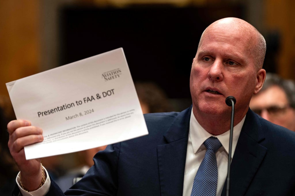 Witness Ed Pierson testifies during a Senate subcommittee hearing on Boeing at the US Capitol on Wednesday. Photo: AFP