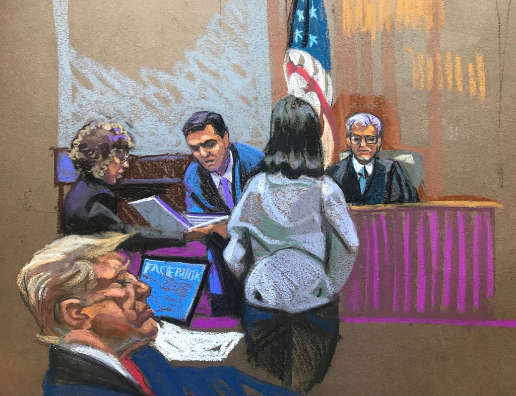 Former US president Donald Trump sits in court on Tuesday, the second day of jury selection in his criminal hush money trial in New York. Courtroom sketch: Christine Cornell via AP