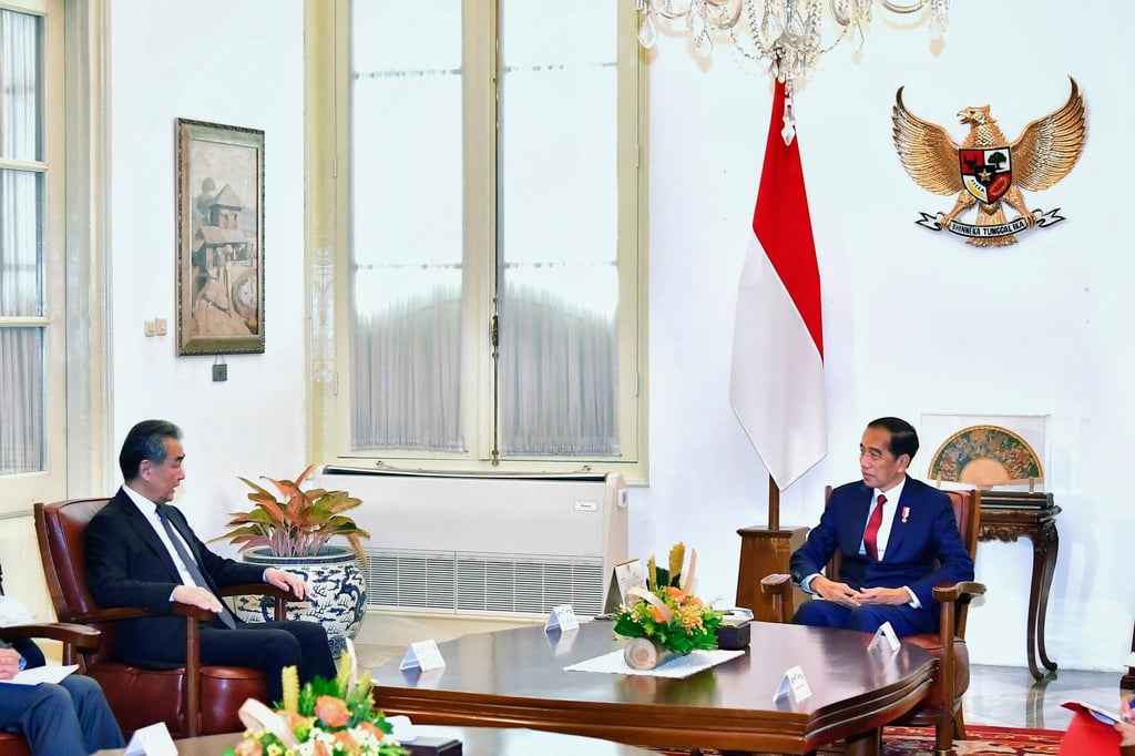 Chinese Foreign Minister Wang Yi (left) and Indonesia President Joko Widodo during a meeting at the palace in Jakarta, Indonesia, on Thursday. Photo: Indonesian Presidential Palace via AP Chinese Foreign Minister Wang Yi (left) and Indonesia President Joko Widodo during a meeting at the palace in Jakarta, Indonesia, on Thursday. Photo: Indonesian Presidential Palace via AP