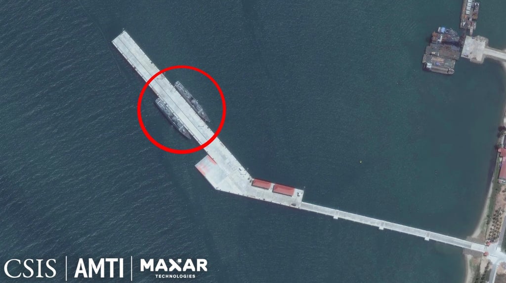 An AMTI satellite image shows two PLA Navy ships docked at the Ream naval base on April 7. Photo: CSIS An AMTI satellite image shows two PLA Navy ships docked at the Ream naval base on April 7. Photo: CSIS
