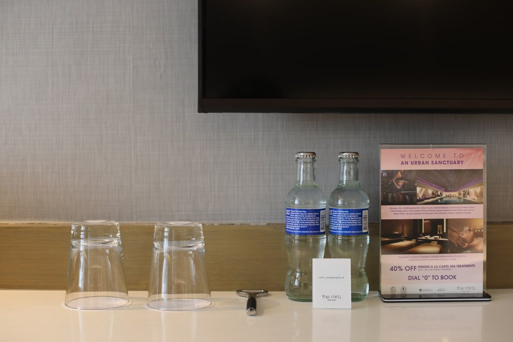 Glass bottled water on display at Mira Hotel in Tsim Sha Tsui. Photo: Xiaomei Chen Glass bottled water on display at Mira Hotel in Tsim Sha Tsui. Photo: Xiaomei Chen