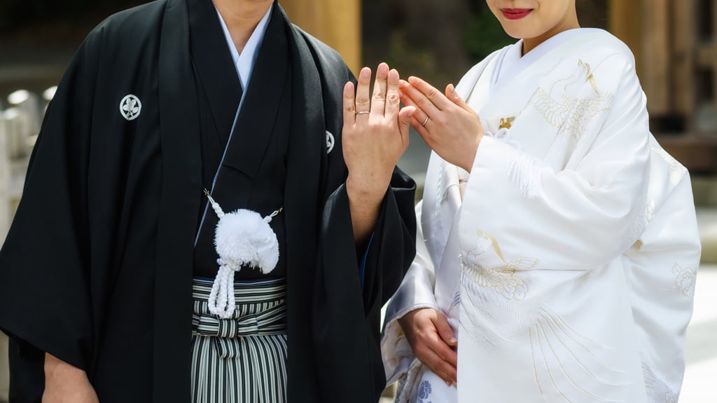 A Japanese couple in traditional dress show their wedding rings. One partner, usually the bride, is legally required to adopt the other’s surname. Photo: Shutterstock Images A Japanese couple in traditional dress show their wedding rings. One partner, usually the bride, is legally required to adopt the other’s surname. Photo: Shutterstock Images
